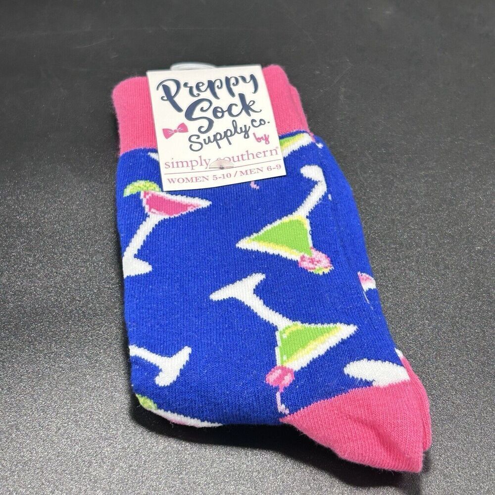 New Simply Southern Socks Womens 5-10 Blue Martini High Sock Pull On Preppy Sock